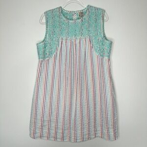 Sister Mary Mini Shift Seersucker Dress‎ Size M Embroidered White Blue